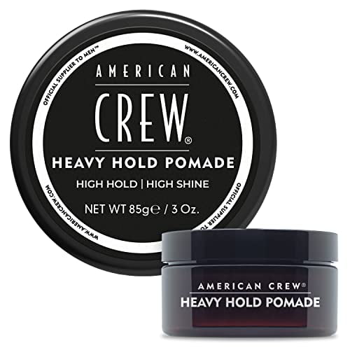 American Crew Heavy Hold Pomade 3OZ water-based styling pomade 85 g with glycerin and PVP; centered, front-facing close-up of the labeled container on a neutral background, suitable for shaping pompadours and taming flyaways.