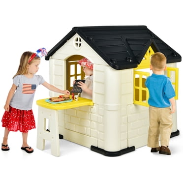 Gymax Maisonnette de Jeu pour Enfant Style Cottage avec Ensemble de Jouets 7 Pcs et Housse Imperméable Jaune