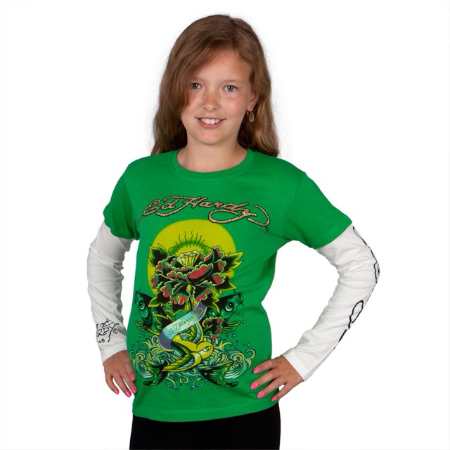 Ed Hardy - Collage de Roses en Diamant Koi Poissons T-Shirt à Manches Longues 2fer pour Filles
