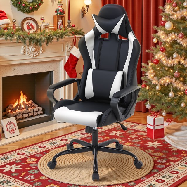 Video Gaming Chair, PU Leather Racing Chair, Ergonomic Office Chairs High Back Gamer Chair Computer Desk Chairs Lumbar Support with Arms Swivel Chair for Adults(White)