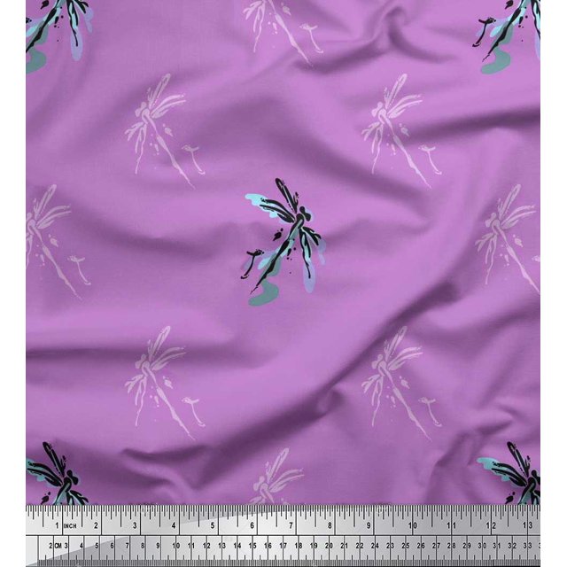 Soimoi Japan Crepe Satin Fabric Dragonfly & Texture Printed Fabric 1 Yard 42 Inch Wide