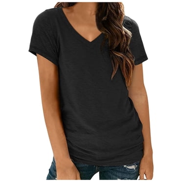 Fgnfyis T-Shirt à Manches Courtes Décontracté pour Femme, Couleur Unie, Col en V / T-Shirt de Base à la Mode et Polyvalent, T-Shirts, Chemises pour Femmes, Noir G