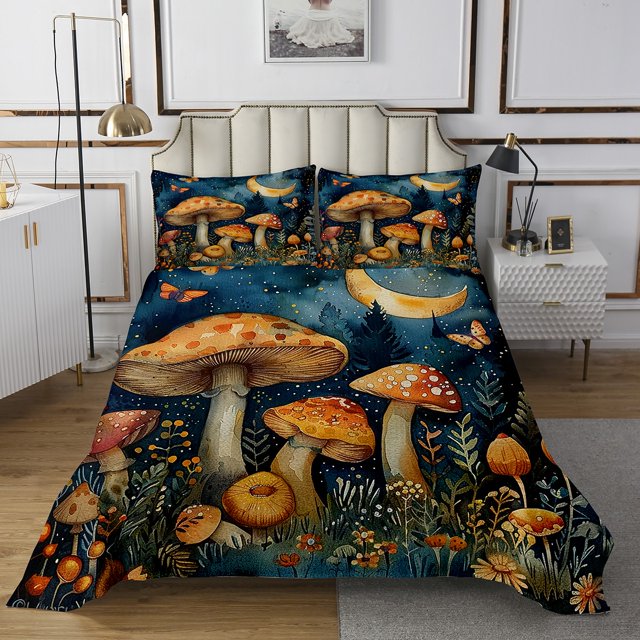 Erosebridal Ensembles de Couette Champignon Dessin Animé pour Lit Simple, Ensemble de Lit Bohème Rétro, Décor Ciel Étoilé 2 Pcs