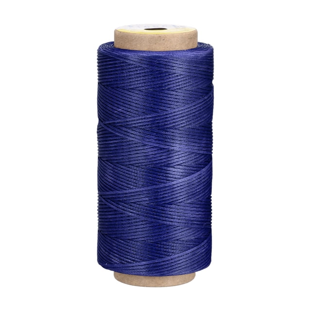 Unique Bargains 186 Yards 210D/1mm Leather Sewing Thread Polyester Waxed Cord in dark blue. The spool features tightly wound, durable polyester thread coated with wax for a smooth, moisture-resistant finish. Ideal for hand-sewn leather projects like wallets, handbags, and shoes, as well as DIY crafts such as bracelet making and weaving. Not suitable for sewing machines.