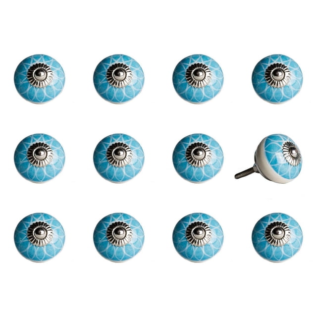 KNOB-IT vintage handpainted ceramic knobs 12-pack with round blue knobs featuring white geometric petal patterns and silver metal centers, each with a 1.25-inch bolt that can be trimmed, suitable for cabinets, drawers, and cupboards, one knob shown sideways to reveal the bolt.