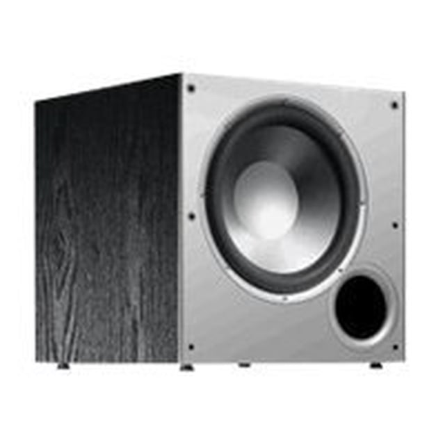Polk Audio PSW10 10-inch powered subwoofer in a compact black enclosure with a silver front panel. Features a 10-inch Dynamic Balance woofer and a directed port for accurate bass and added depth. Designed for small-to-mid size rooms, it delivers rich, deep sound with minimal distortion, even at high volumes. Ideal for home theater systems and music listening.