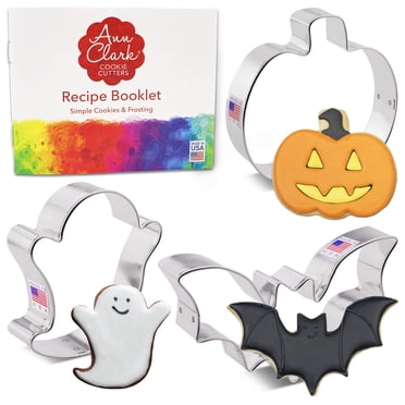 Halloween Cookie Cutters 3-Piece Set Pumpkin, Ghost, Bat & Recipe Booklet, Made in USA by Ann Clark Cookie Cutters