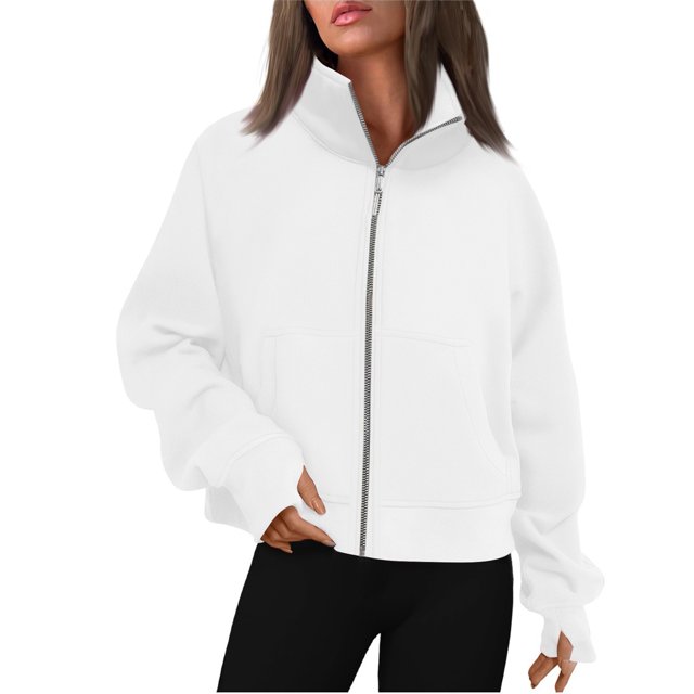 CHCNHAC Vestes à Capuche Zippées pour Femmes, Décontractées, Douces, Confortables, en Polaire, Poches Doubles, Chandails en Molleton Oversize à Col Rond, Tenues de Mode Automne, Blanc TG