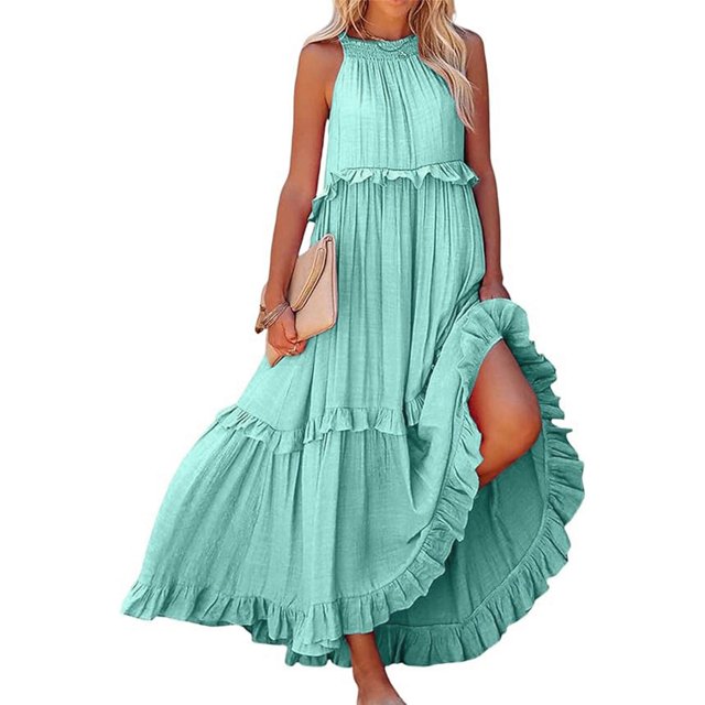 Plus Size Dresses Sleeveless Maxi Dress Casual Flowy Ruffle Elegant Solid Sundress Light Blue S