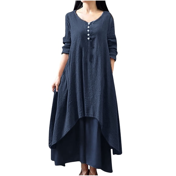 Lovzfmll Women's Fashion Plus Size Round Neck Solid Long Dress Half Sleeve Buttons Dress Navy, 4XL