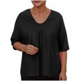thumbnail image 1 of Liquidation d'Économies! Hauts pour Femmes Grande Taille, Blouse d'Été à Manches Courtes pour Femmes, Chemisiers Unis pour Femmes Raglan à Manches Mi-Longues à Col en V Patchwork Haut Plissé, 1 of 5