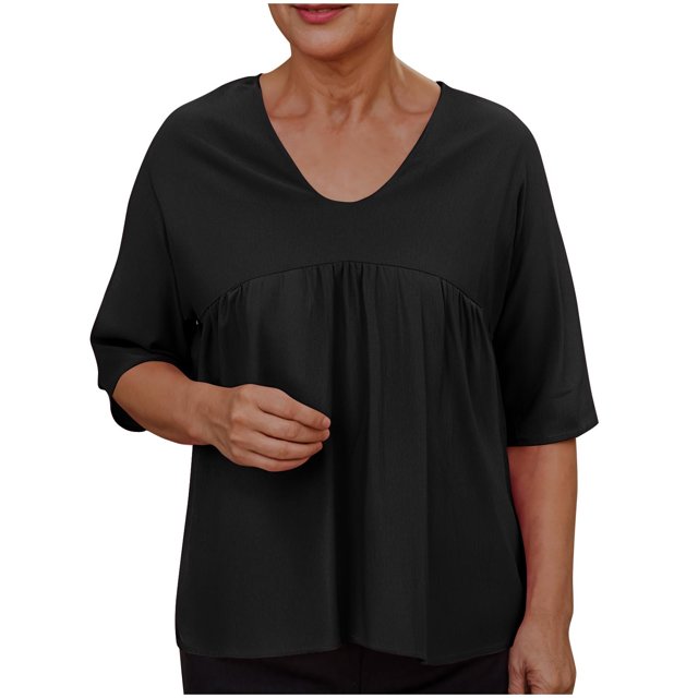 Liquidation d'Économies! Hauts pour Femmes Grande Taille, Blouse d'Été à Manches Courtes pour Femmes, Chemisiers Unis pour Femmes Raglan à Manches Mi-Longues à Col en V Patchwork Haut Plissé