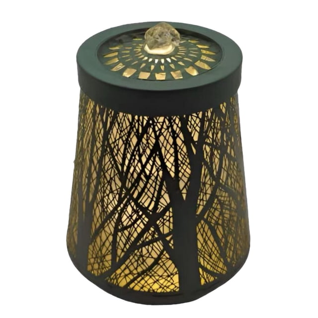 Angelo Décor Reflecting Tree Tabletop Fountain with energy-efficient pump and LED accent lighting, featuring a tapered black metal frame with intricate tree branch cutouts and warm LED illumination, designed for indoor or outdoor patio decor and creating a calming atmosphere.