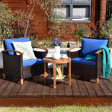 Costway Ensemble de Mobilier de Terrasse en Rotin 3 Pcs Cadre en Bois Massif Coussin Canapé Table Ronde Étagère