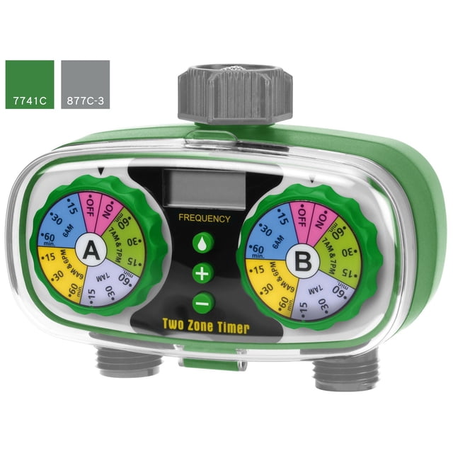 2-Zone Electronic Timer with two green dials labeled A and B showing preset watering durations and times in color-coded segments, small LCD display, frequency control buttons, and green casing with gray connectors, suitable for garden irrigation scheduling.
