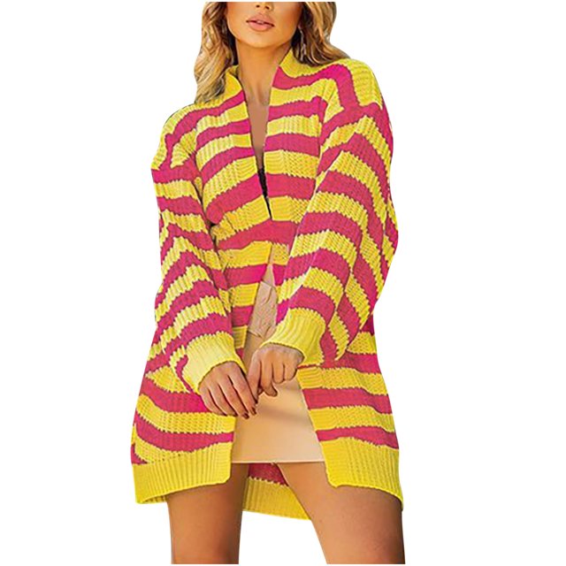 IROINID Cardigan Mi-Long pour Femmes, Veste Ouverte devant, Rayures, Manches Longues, Cardigan Décontracté, Ample, Jaune