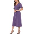 thumbnail image 4 of INSPIRE CHIC Robe d'Été pour Femme Col en V Boutonnée Manches Volantées Smockée Taille Haute Robe Midi TP Violet, 4 of 5