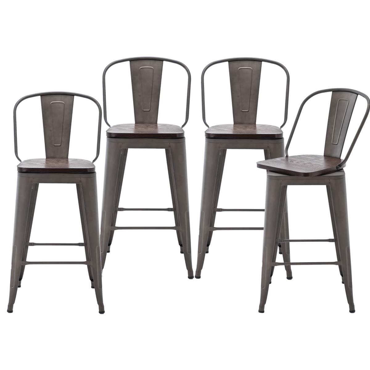 Metal Bar Stools Counter Height Stool Bar Stools Set of 4 Kitchen Swivel Dining Bar Chairs (High Back Rusty Wooden, Swivel 26 inch)