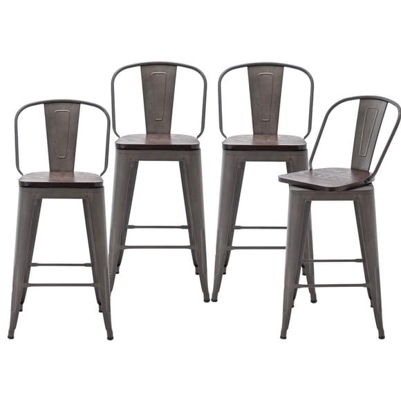 Tabourets de Bar en Métal Tabouret Hauteur Comptoir Tabourets de Bar Ensemble de 4 Chaises de Bar de Cuisine Pivotantes pour Salle à Manger (Dossier Haut en Bois Rouille, Pivotant 26 Pouces)
