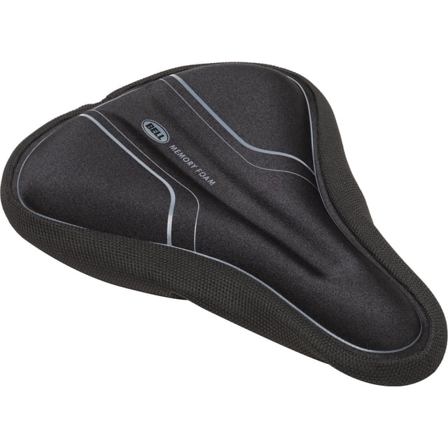 Bell Sports Coosh™ 800 Memory Foam Bike Seat Pad in black with ergonomic contoured shape, memory foam cushioning, anti-slip textured base, and adjustable drawstrings, compatible with most traditional and stationary bike seats for enhanced comfort and longer rides.