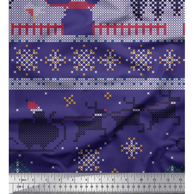 Soimoi Poly Georgette Fabric Cross Stitch Christmas Print Sewing Fabric Yard 52 Inch Wide
