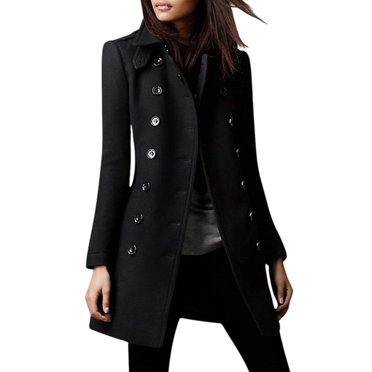 Manteau d'Hiver pour Femme à Double Boutonnage Élégant à Revers, Manches Longues, Trench Caban en Mélange Noir TTG