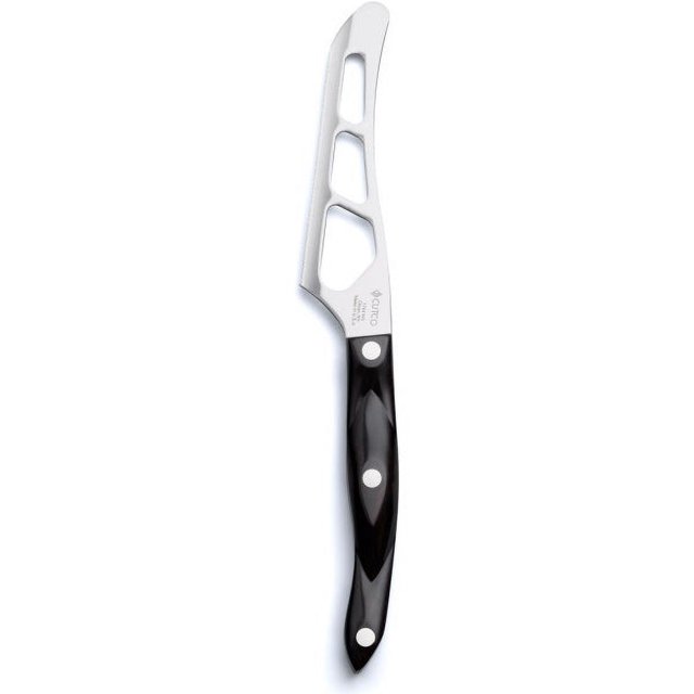 Cutco Traditional Cheese Knife - #1764 with a stainless steel blade featuring perforations to reduce friction and prevent sticking, ergonomic black handle with triple rivet construction for durability, and a rounded tip for spreading soft cheese. Ideal for cutting hard to soft cheeses, fruits, and vegetables, and suitable for kitchenware enthusiasts.