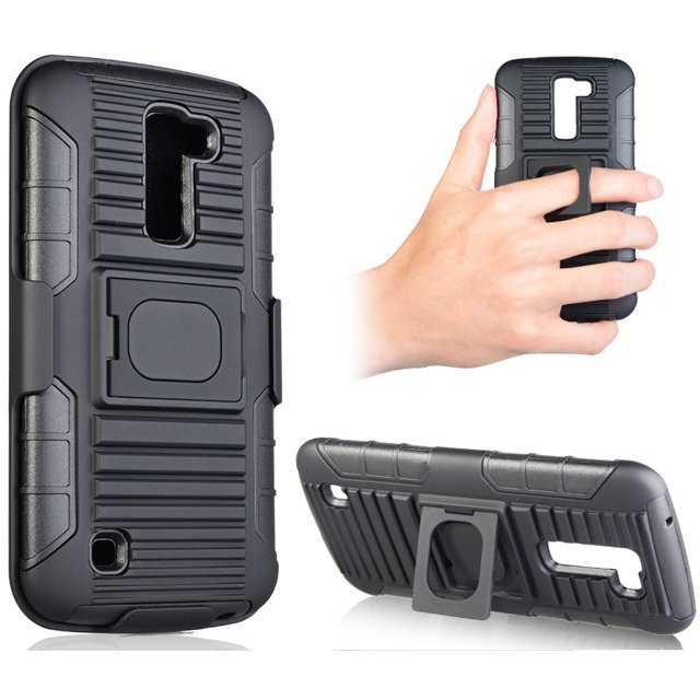 NAKEDCELLPHONE BLACK GRIP RING CASE + BELT CLIP HOLSTER STAND FOR LG K10 AND LG PREMIER (L62C, K420N, L62VL, L61AL)