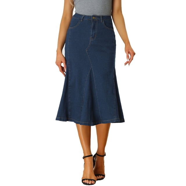 Unique Bargains Jupe Midi Évasée en Denim Décontractée pour Femme, Bleu Foncé, S