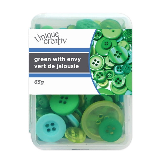 UNIQUE CREATIV Boîte de Boutons, Vert - Tailles Assorties, 65 g (2,3 oz) (Boîte Transparente Réutilisable) Gros Plan Orienté vers l'Avant d'Un Étui en Plastique Transparent Réutilisable Tenant des Boutons Verts Assortis à Coudre en Tailles et Finis Variables avec Compartiments Visibles et Couvercle à Bouton-Pression, Organisée pour les Réparations, les Ornements et le Rangement d'Artisanat; Convient Aussi aux Recharges de Kit de Couture Rapides.
