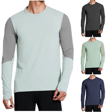 BADHUB T-Shirt d'Entraînement pour Hommes Manches Longues Protection Solaire Extensible Col Rond avec Trou pour Pouce Marine TTTG