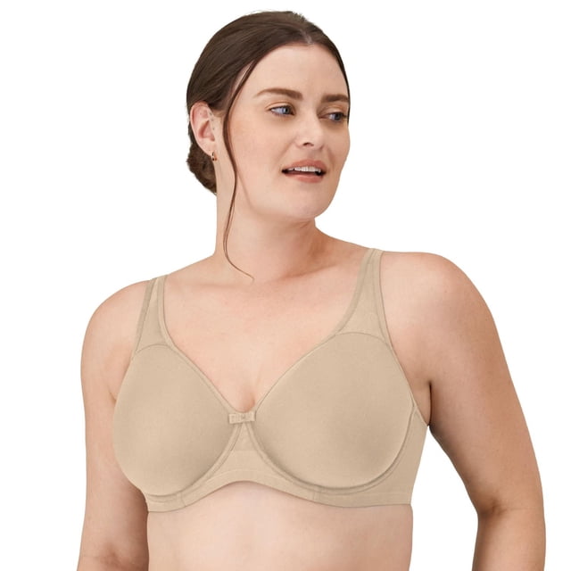 WonderBra Plus Breathable Full Support Spacer Underwire bra in beige, front view on a model, featuring full coverage molded cups, wide breathable straps with sheer detailing, underwire support, and lightweight spacer fabric for all-day comfort and coolness.