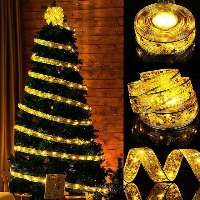 Ruiboury Sparkling Brilliant Lighting For Christmas Decoration Different White/Silver Ribbon 10m+100 lights 1Set