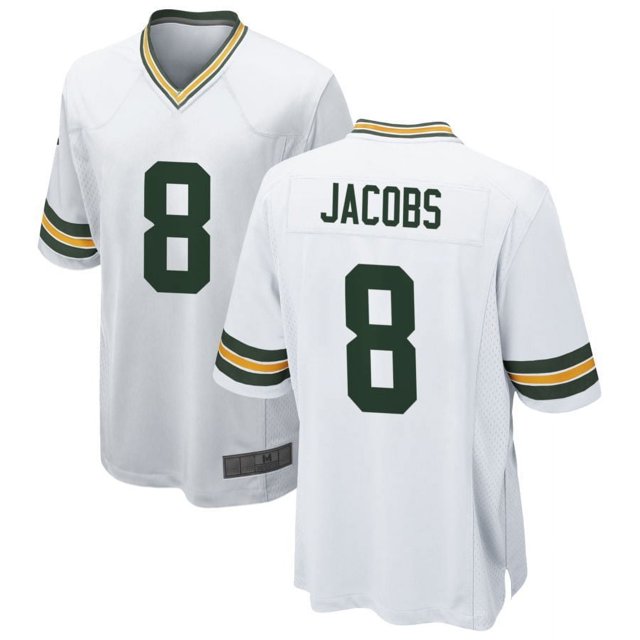 Men's Green Bay Jacobs 8 White Stitched Game Player T-shirts, Small