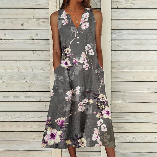 Cadeaux pour la Fête des Mères, Kcavykas Robe Maxi Bohème, Robe Décontractée d'Été pour Femme à Design Graduel Sans Manches à Encolure en V Longue