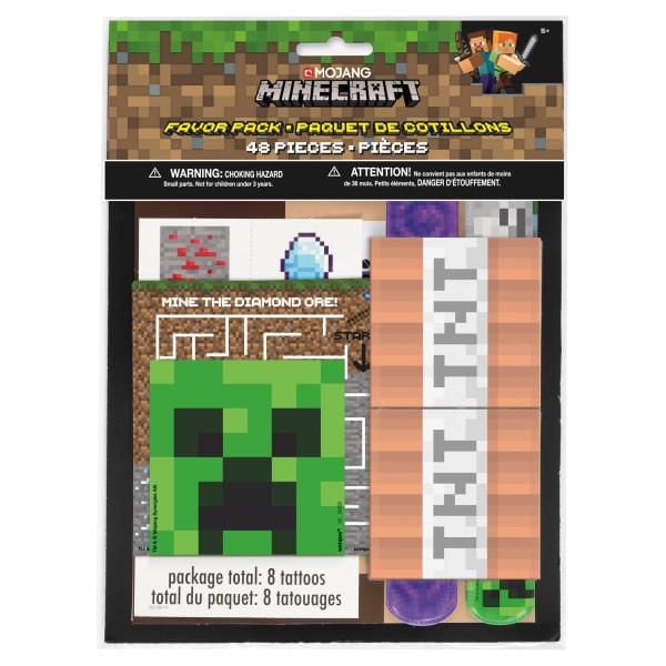 Minecraft Favor Pack, 48ct featuring 8 pixelated tattoos with Creeper and TNT designs, part of wearable party supplies ideal for kids' celebrations and party decorations.
