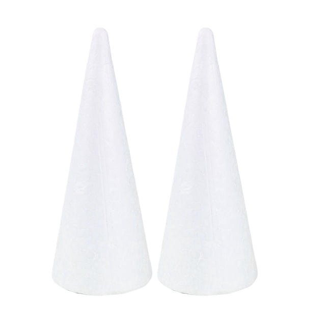 simhoa Foam Cone Craft DIY Craft Material Party Supply Accessories Table Centerpiece 350mm 2Pcs. Two white polystyrene foam cones, perfect for DIY craft projects, educational activities, and party decorations. Ideal for creating table centerpieces, cake stands, flower arrangements, or holiday-themed decor.