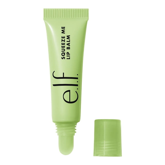 e.l.f. Cosmetics Squeeze Me Lip Balm Honeydew in a light green squeeze tube with black vertical text and matching cap removed, a tinted lip balm that hydrates and nourishes lips with shea butter and hyaluronic acid, ideal for on-the-go moisture.