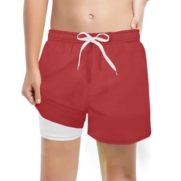 Boys Fashion Solid Swim Trunks With Compression Liner Stretch Swim Shorts Red 7T/7 Y—