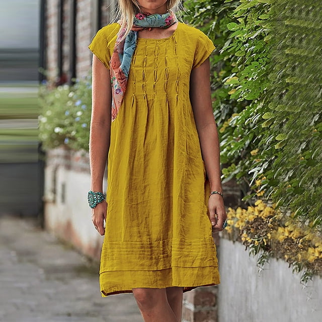 Meichang Robes en Coton et Lin pour Femmes Décontractées Rétro Robes Unies à Manches Courtes Col Ras du Cou Mini Robes d'Été Coupe Ample Robes Plissées Robes de Plage Jaune TTTTG
