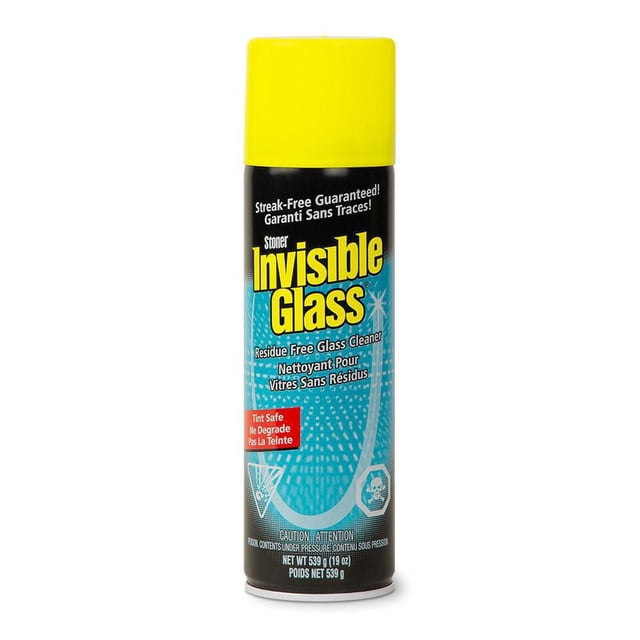 Invisible Glass Premium Glass Cleaner - Aerosol can with yellow cap and black-blue label, featuring bold yellow text and safety icons, designed for streak-free, residue-free glass cleaning, ideal for removing tough grime and safe for tinted windows.