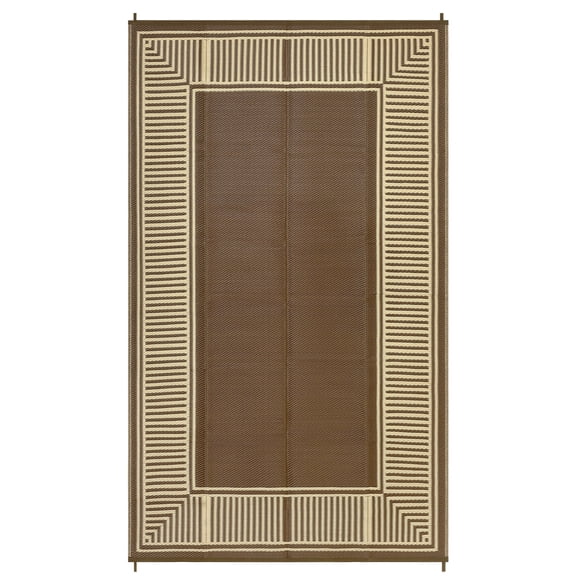 Waterproof Reversible Outdoor Rug–Modern Striped Plastic Straw Mat–Lightweight Collapsible Carpet–Easy Clean–Patio, Deck, Backyard, Porch, Camping, RV, Beach – Dark Brown (Peony Brown/Coffee), 9x12ft