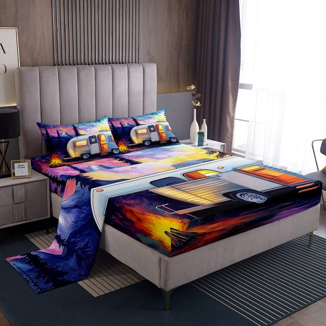 Erosebridal Happy Camping Bed Sheets Set Queen Size, Camper RV Car Bedding Set, Aurora Decor, 4-Piece