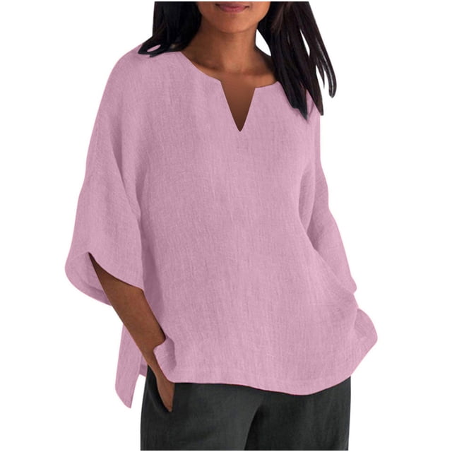 Dealovy Plus Size Shirts for Women 3/4 Sleeve Notch V Neck Cotton Linen Tops Summer Solid Color Tees
