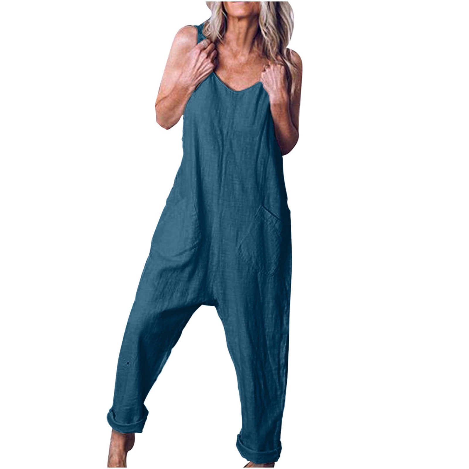 Yuyuzo Combinaison Décontractée Sans Manches en Coton et Lin pour Femme, Couleur Unie, 1, Taille Unique