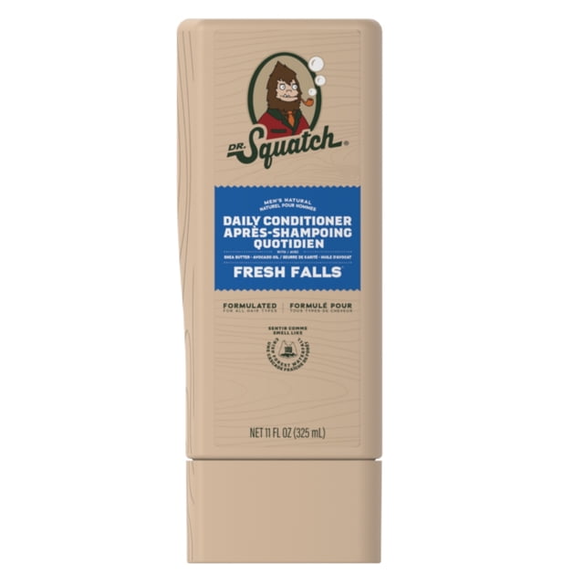 Dr. Squatch Revitalisant Capillaire Naturel Fresh Falls pour Hommes, Bouteille beige de 11 fl oz avec texture grain de Bois et Étiquette Bleue Mettant en Vedette le logo sasquatch, Formulé avec du Beurre de Karité et de l'Huile d'Avocat pour Hydrater et Nourrir les Cheveux au Quotidien avec un Parfum de Pin Frais, Convient à Tous les types de Cheveux.