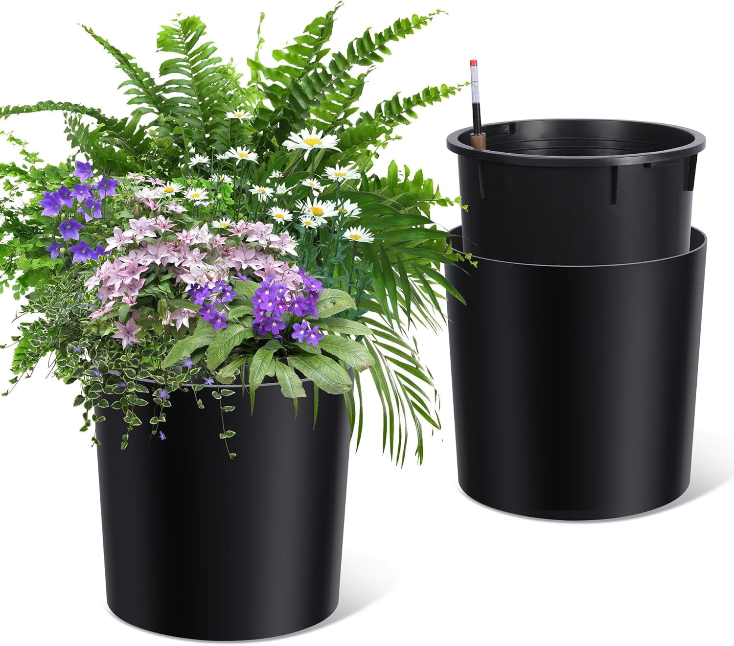 YUSAZENS 19.5 Inch Tall Black Self Watering Planters with Water Level Indicator Large PP Plastic Plant Pots for Garden Patio Indoor Outdoor Plants- 1 Pair