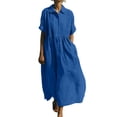 thumbnail image 2 of Kyusrd Robe en Lin pour Femmes à Manches Courtes Robe d'Été Robe Longue de Plage Col Ras du Cou Ample à Demi-Manches Robe Maxi Unie, 2 of 7
