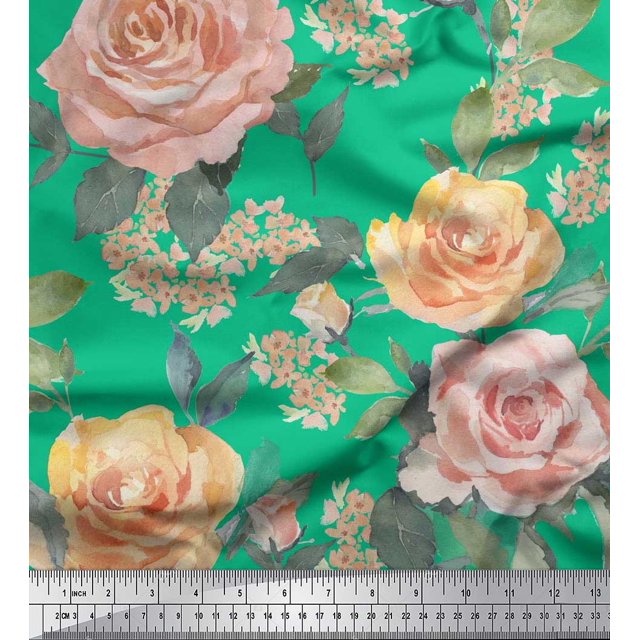 Soimoi Poly Georgette Fabric Leaves & Rose Flower Fabric Prints By Yard 52 Inch Wide
