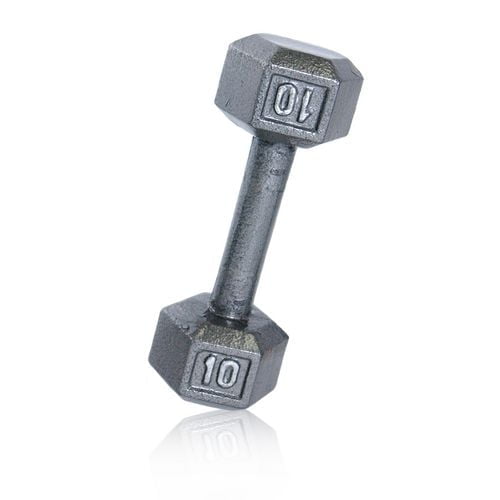 CAP Barbell Cast Iron Hex Dumbbell weighing 10 pounds in grey, featuring hex-shaped cast iron heads and a cold rolled solid steel handle with medium depth knurling for grip, suitable for strength training and muscle building exercises.